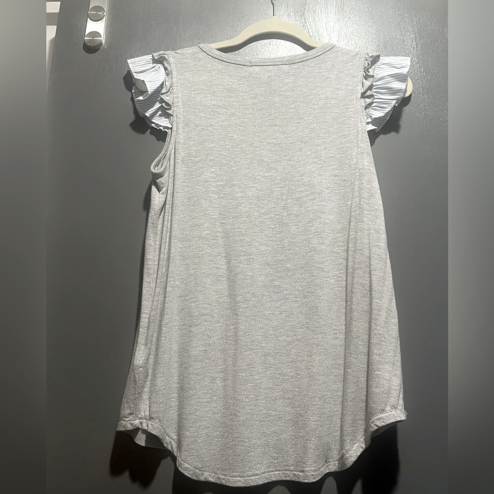 Gray Summer Top With Stripped Flutter Sleeves - Picture 2 of 6